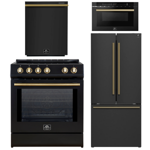 FORNO Espresso Package - 30" Induction Range, 30" Refrigerator with Ice Maker, Dishwasher and 24" Microwave Drawer in Black with Antique Brass Accents