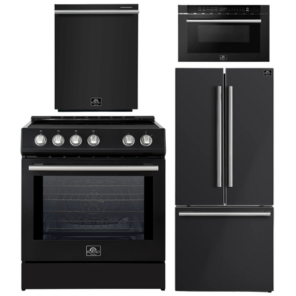 Forno Espresso Package - 30" Induction Range, 30" Refrigerator with Ice Maker, Dishwasher and 24" Microwave Drawer in Black with Silver Accents
