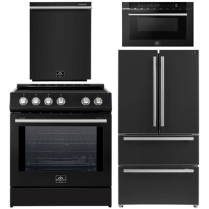 FORNO Espresso Package - 30" Induction Range, 36" Refrigerator with Ice Maker, Dishwasher and 24" Microwave Drawer in Black with Silver Accents