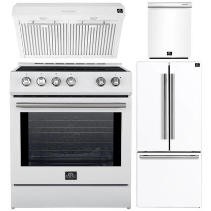 Forno Espresso Package - 30" Induction Range, Range Hood, 30" Refrigerator with Ice Maker and Dishwasher in White with Silver Accents