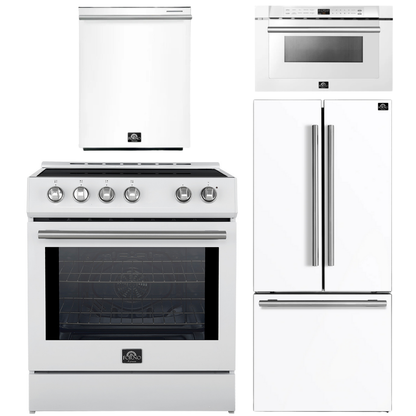 Forno Espresso Package - 30" Induction Range, 30" Refrigerator with Ice Maker, Dishwasher and 24" Microwave Drawer in White with Silver Accents
