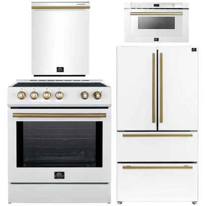 Forno Espresso Package - 30" Induction Range, 36" Refrigerator with Ice Maker, Dishwasher and 24" Microwave Drawer in Whitewith Antique Brass Accents