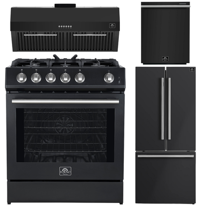 Forno Espresso Package - 30" Gas Range, Range Hood, 30" Refrigerator with Ice Maker and Dishwasher in Black with Silver Accents
