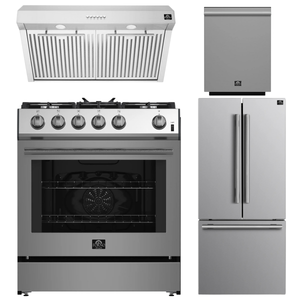FORNO Espresso Package - 30" Gas Range, Range Hood, 30" Refrigerator with Ice Maker and Dishwasher in Stainless Steel