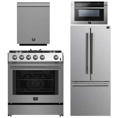 Forno Espresso Package - 30" Gas Range, 30" Refrigerator with Ice Maker, Dishwasher and 24" Microwave Drawer in Stainless Steel