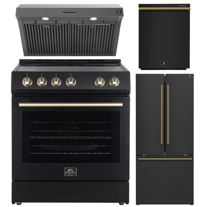 Forno Espresso Package - 30" Electric Range, Range Hood, 30" Refrigerator with Ice Maker and Dishwasher in Black with Antique Brass Accents