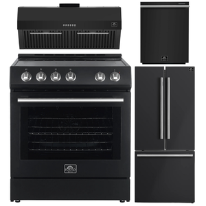 FORNO Espresso Package - 30" Electric Range, Range Hood, 30" Refrigerator with Ice Maker and Dishwasher in Black with Silver Accents