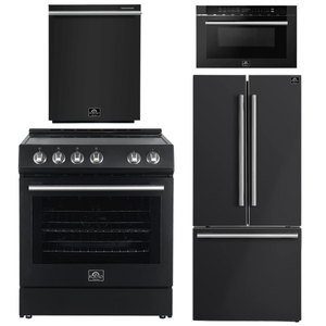 FORNO Espresso Package - 30" Electric Range, 30" Refrigerator with Ice Maker, Dishwasher and 24" Microwave Drawer in Black with Silver Accents