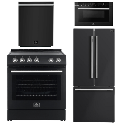 Forno Espresso Package - 30" Electric Range, 30" Refrigerator with Ice Maker, Dishwasher and 24" Microwave Drawer in Black with Silver Accents