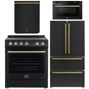 FORNO Espresso Package - 30" Electric Range, 36" Refrigerator with Ice Maker, Dishwasher and 24" Microwave Drawer in Black with Antique Brass Accents