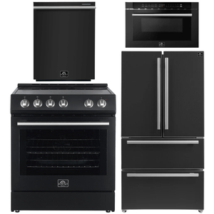 FORNO Espresso Package - 30" Electric Range, 36" Refrigerator with Ice Maker, Dishwasher and 24" Microwave Drawer in Black with Silver Accents