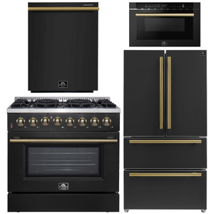 FORNO Galiano Package - 36" Dual Fuel Range, 36" Refrigerator with Ice Maker, Dishwasher and 24" Microwave Drawer in Black with Antique Brass Accents