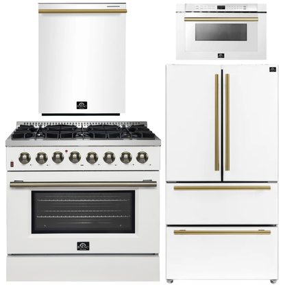 Forno Galiano Package - 36" Dual Fuel Range, 36" Refrigerator with Ice Maker, Dishwasher and 24" Microwave Drawer in White with Antique Brass Accents