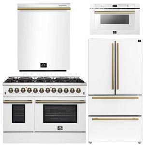 FORNO Galiano Package - 48" Dual Fuel Range, 36" Refrigerator with Ice Maker, Dishwasher and 24" Microwave Drawer in White with Antique Brass Accents