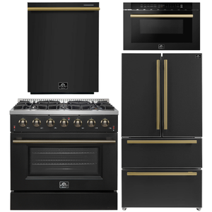 FORNO Galiano Package - 36" Gas Range, 36" Refrigerator with Ice Maker, Dishwasher and 24" Microwave Drawer in Black with Antique Brass Accents