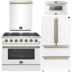 FORNO Galiano Package - 36" Gas Range, 36" Refrigerator with Ice Maker, Dishwasher and 24" Microwave Drawer in White with Antique Brass Accents