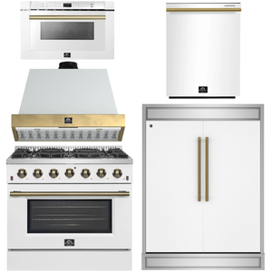 FORNO Galiano Package - 36" Dual Fuel Range, Range Hood, 60" Side-by-Side Refrigerator, Dishwasher and 24" Microwave Drawer in White with Antique Brass Accents