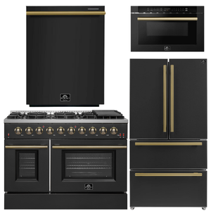FORNO Galiano Package - 48" Gas Range, 36" Refrigerator with Ice Maker, Dishwasher and 24" Microwave Drawer in Black with Antique Brass Accents