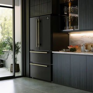 FORNO Galiano Package - 48" Gas Range, 36" Refrigerator with Ice Maker, Dishwasher and 24" Microwave Drawer in Black with Antique Brass Accents