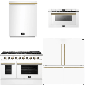FORNO Galiano Package - 48" Gas Range, 62" Side-by-Side Refrigerator, Dishwasher and 24" Microwave Drawer in White with Antique Brass Accents