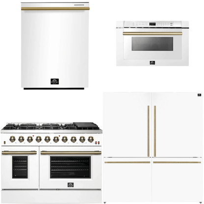 FORNO Galiano Package - 48" Gas Range, 62" Side-by-Side Refrigerator, Dishwasher and 24" Microwave Drawer in White with Antique Brass Accents