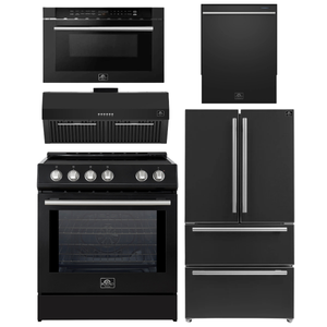 FORNO Espresso Package - 30" Induction Range, Range Hood, 36" Refrigerator with Ice Maker, Dishwasher and 24" Microwave Drawer in Black with Silver Accents