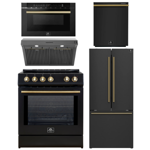 FORNO Espresso Package - 30" Induction Range, Range Hood, 30" Refrigerator with Ice Maker, Dishwasher and 24" Microwave Drawer in Black with Antique Brass Accents