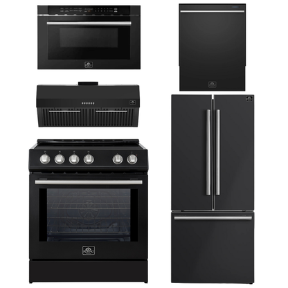Forno Espresso Package - 30" Induction Range, Range Hood, 30" Refrigerator with Ice Maker, Dishwasher and 24" Microwave Drawer in Black with Silver Accents