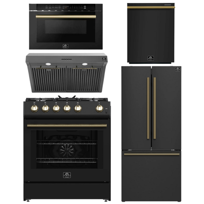 Forno Espresso Package - 30" Gas Range, Range Hood, 30" Refrigerator with Ice Maker, Dishwasher and 24" Microwave Drawer in Black with Antique Brass Accents