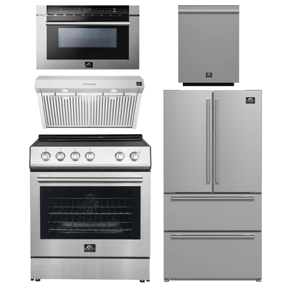 Forno Espresso Package - 30" Electric Range, Range Hood, 36" Refrigerator with Ice Maker, Dishwasher and 24" Microwave Drawer in Stainless Steel