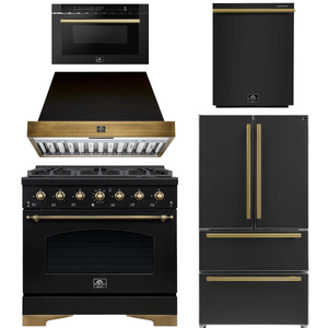 FORNO Antico Package - 36" Dual Fuel Range, Range Hood, 36" Refrigerator with Ice Maker, Dishwasher and 24" Microwave Drawer in Black with Antique Brass Accents