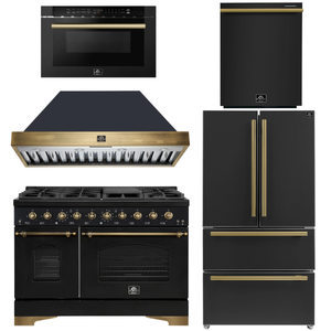 FORNO Antico Package - 48" Dual Fuel Range, Range Hood, 36" Refrigerator with Ice Maker, Dishwasher and 24" Microwave Drawer in Black with Antique Brass Accents