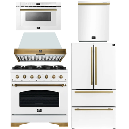 Forno Espresso Antico Package - 36" Dual Fuel Range, Range Hood, 36" Refrigerator with Ice Maker, Dishwasher and 24" Microwave Drawer in White with Antique Brass Accents
