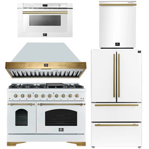 FORNO Antico Package - 48" Dual Fuel Range, Range Hood, 36" Refrigerator with Ice Maker, Dishwasher and 24" Microwave Drawer in White with Antique Brass Accents