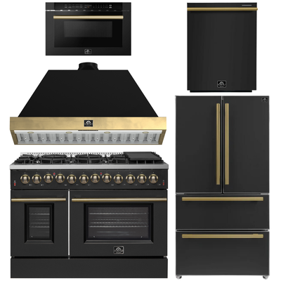FORNO Galiano Package - 48" Dual Fuel Range, Range Hood, 36" Refrigerator with Ice Maker, Dishwasher and 24" Microwave Drawer in Black with Antique Brass Accents