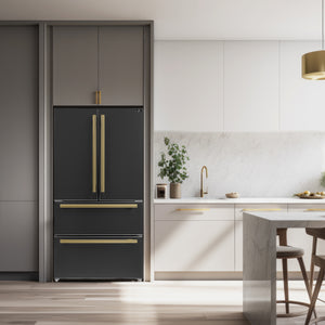 FORNO Galiano Package - 48" Dual Fuel Range, Range Hood, 36" Refrigerator with Ice Maker, Dishwasher and 24" Microwave Drawer in Black with Antique Brass Accents