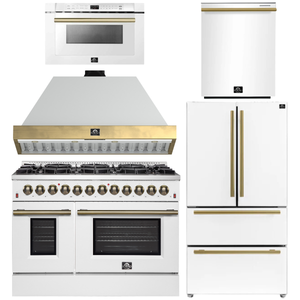 FORNO Galiano Package - 48" Dual Fuel Range, Range Hood, 36" Refrigerator with Ice Maker, Dishwasher and 24" Microwave Drawer in White with Antique Brass Accents
