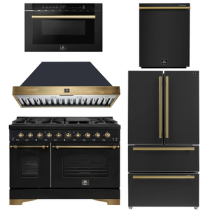 FORNO Antico Package - 48" Gas Range, Range Hood, 36" Refrigerator with Ice Maker, Dishwasher and 24" Microwave Drawer in Black with Antique Brass Accents