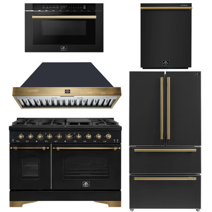 FORNO Antico Package - 48" Gas Range, Range Hood, 36" Refrigerator with Ice Maker, Dishwasher and 24" Microwave Drawer in Black with Antique Brass Accents