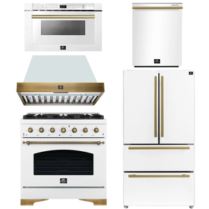 FORNO Antico Package - 36" Gas Range, Range Hood, 36" Refrigerator with Ice Maker, Dishwasher and 24" Microwave Drawer in White with Antique Brass Accents