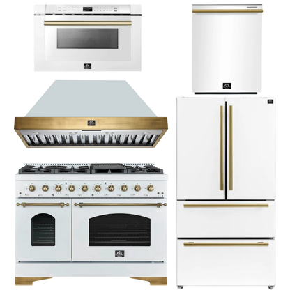 Forno Espresso Antico Package - 48" Gas Range, Range Hood, 36" Refrigerator with Ice Maker, Dishwasher and 24" Microwave Drawer in White with Antique Brass Accents
