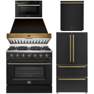 FORNO Galiano Package - 36" Gas Range, Range Hood, 36" Refrigerator with Ice Maker, Dishwasher and 24" Microwave Drawer in Black with Antique Brass Accents