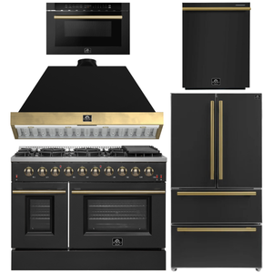 FORNO Galiano Package - 48" Gas Range, Range Hood, 36" Refrigerator with Ice Maker, Dishwasher and 24" Microwave Drawer in Black with Antique Brass Accents