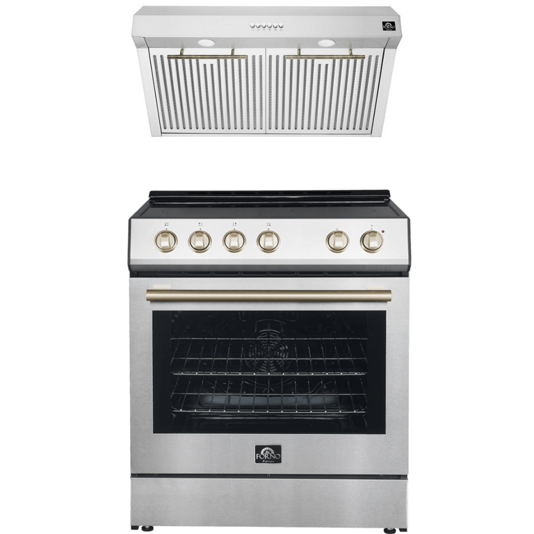 Forno Espresso Package - 30" Electric Range and Range Hood in Stainless Steel with Antique Brass Handles, AP-FFSEL6012-30-A-A1