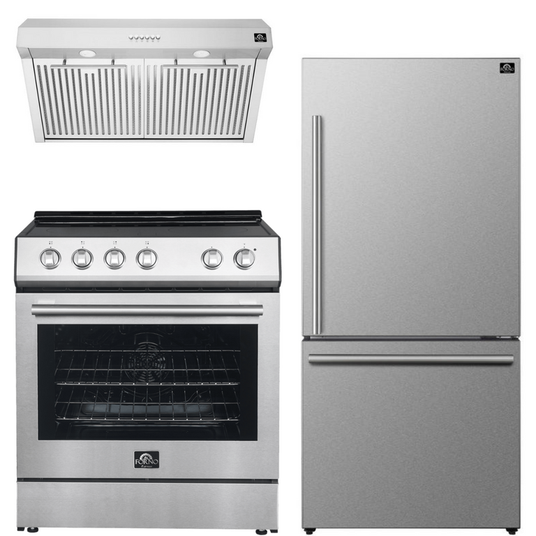 Forno Espresso Package - 30" Electric Range, Range Hood and Refrigerator in Stainless Steel with Silver Handles, AP-FFSEL6012-30-S-A4