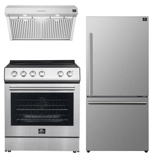 FORNO Espresso Package - 30" Electric Range, Range Hood and Refrigerator in Stainless Steel with Silver Handles, FBDL-001-01US