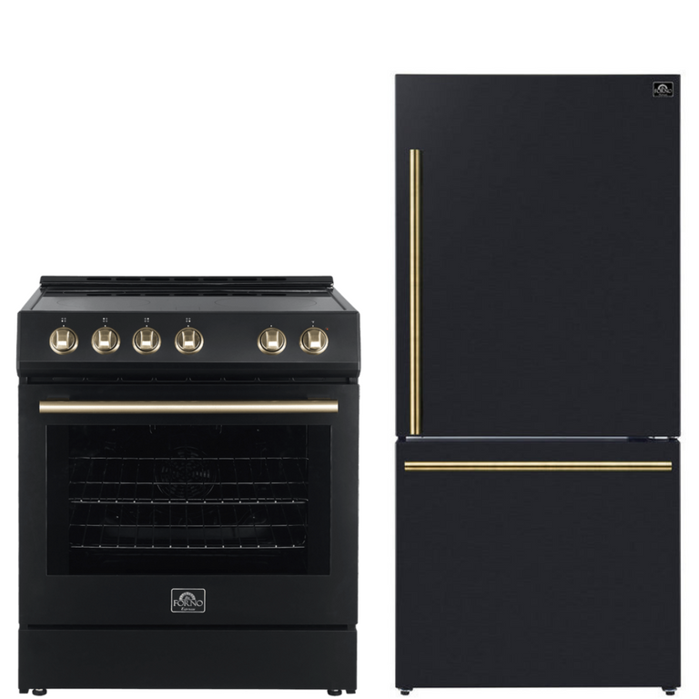 Forno Espresso Package - 30" Electric Range and Refrigerator in Black with Antique Brass Handles, AP-FFSEL6012-30BLK-A-A11