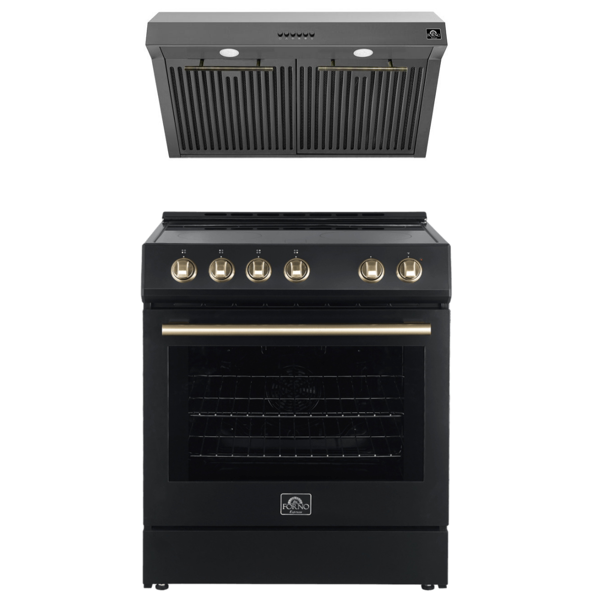 Forno Espresso Package - 30" Electric Range and Range Hood in Black with Antique Brass Handles, AP-FFSEL6012-30BLK-A-A2