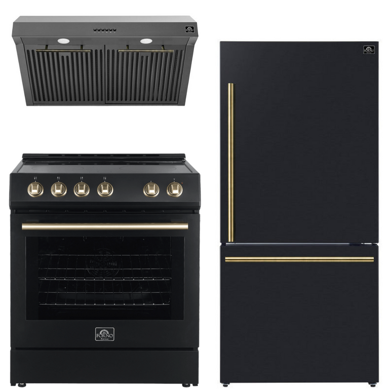 Forno Espresso Package - 30" Electric Range, Range Hood and Refrigerator in Black with Antique Brass Handles, AP-FFSEL6012-30BLK-A-A5