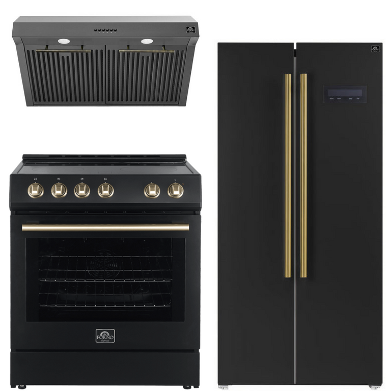 Forno Espresso Package - 30" Electric Range, Range Hood and Refrigerator in Black with Antique Brass Handles, AP-FFSEL6012-30BLK-A-A7
